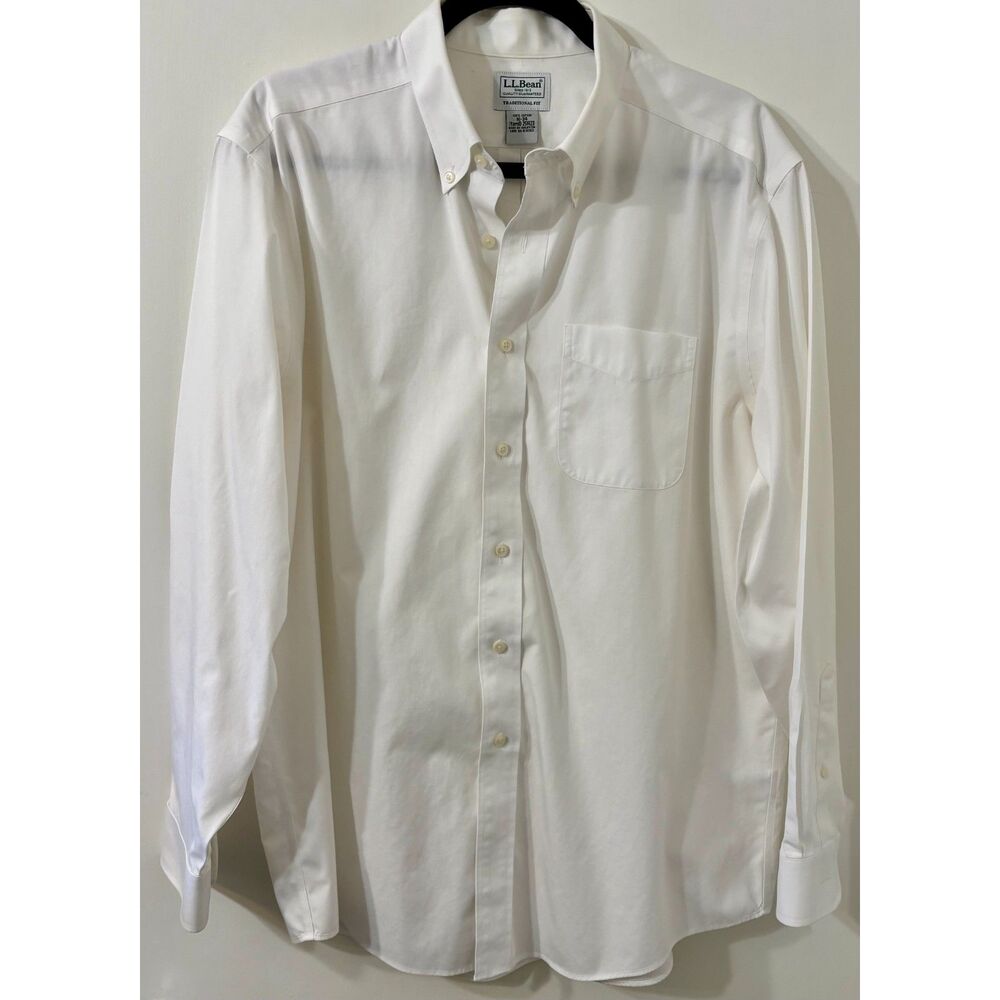 L.L. Bean Classic Mens 16-34 Bright White 100% Cotton Long Slv Buttondown Shirt